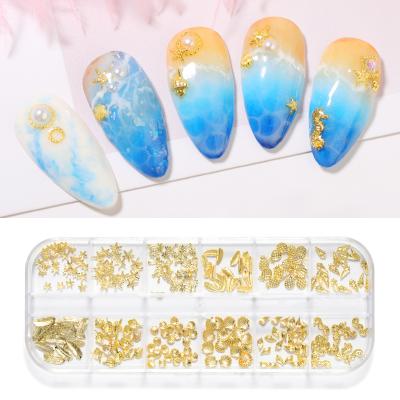 China 27 Choices 3D Starfish Feather Nail Art Alloy Rivet Sequin Pendant Gold Accessories for sale