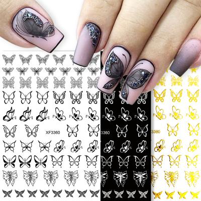 China 3d nail art DIY decoration hot sale 3D laser color gold and silver luminous design butterfly nail sticker art decoration for sale