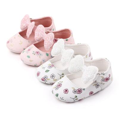 China Bow-knot PU pink&white baby flat shoes with flower baby walking shoes for sale