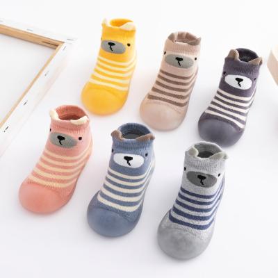 China Non-slip Rubber Sole Kids Boys Girls Floor Socks Baby Cartoon Stripes Toddler Flat Newborn Shoes for sale