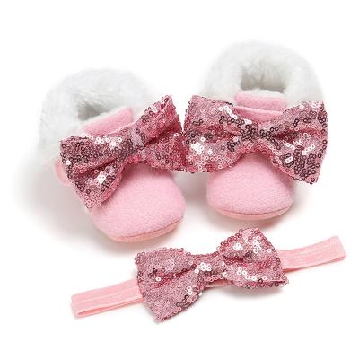 China Bling Thermal Fashion Hot Booties With Headband Prewalker Newborn Baby Shoes Boots for sale