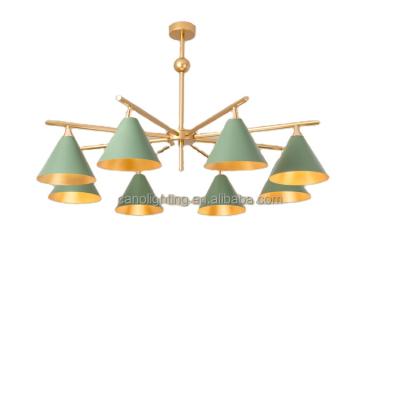 China Modern Indoor Dobby Iron Funnel Shaped Yellow Green White Modern Wedding Chandelier for sale