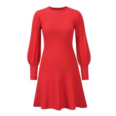 China Breathable Women Slim Sniff Sweater Dress VD2438 Lantern Sleeve Elegant O-Neck Mini Vestidos Autumn A Line Knitted Dresses for sale