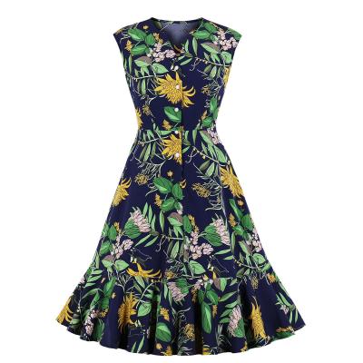 China 2020 New Lovely Breathable Ruffles Dress SP1287 Women's Elegant Navy Blue Sleeveless V-Neckline A-line Floral Dress for sale