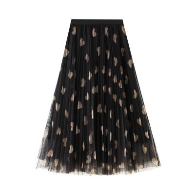 China Korean Plus Size Temperament Hearts Print Polka Dots Tulle Mesh Skirt AL0176 Elegant High Waist Pleated Long Skirt for sale