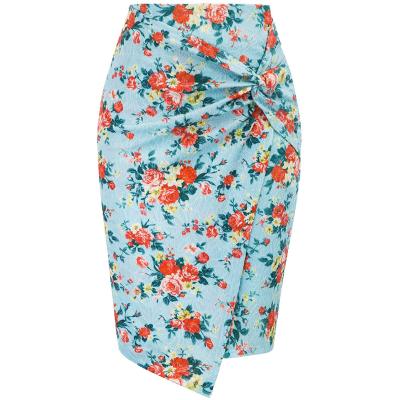 China Breathable High Waist Midi Summer Pencil Skirt 2022 Front Wrap Printing Stretchy Women Elegant Office Pencil Floral Asymmetrical Ladies Skirt for sale