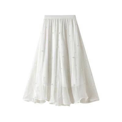 China Korean Style Plus Midi Length Irregular Waist Skirt VD1798 Beaded Black White Apricot Gray Women Ladies Long Skirt for sale