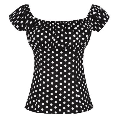 China Dot Slash Neck Short Sleeve Retro Vintage Women Summer Breathable Black Polka Dot Slim Ladies Tops Shirts Female 2021 High Street TP204 for sale