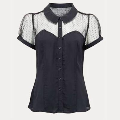 China Breathable Women Vintage Tops Short Sleeve Tulle Patchwork Black Blouses Femme Shirts Women VD1792 for sale