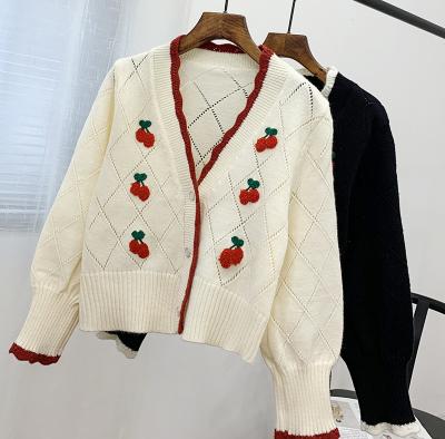 China Women's Breathable Cherry Cardigan VD2314 Vintage Knitted Korean Fashion Autumn Coats Long Sleeve Sweater Top White Black Red Sniff for sale