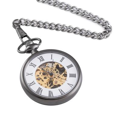 China Antique Roman Numerals Dial Skeleton Gears Mechanical Pocket Watches With Box Chain Cool Christmas Gifts For Dad Father Men Friend for sale