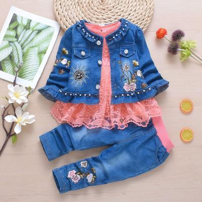 China Wholesale Chinese Style Girls 3 Pieces Pure Cotton Jeans and Elegant Floral Lace Baby Clothing Sets Girls Clothing Sets for sale