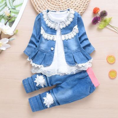 China 3 Pieces Girls Chinese Style Hot Selling Elegant Floral Lace Dress Jeans Clothing Sets Newborn Cotton Baby Clothes Set for sale