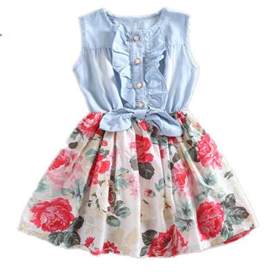 China Washable Girls' Denim Dresses Summer Party Flower Dress With Belt Children Flying Girl Kids Fashion Outfits Short Sleeve Girls' Dresses for sale