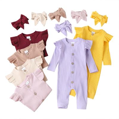 China 100% Cotton Tops Class Autumn Solid Color Baby Girls Jumpsuit Newborn Baby Clothes Rompers With Headband Baby Clothes for sale