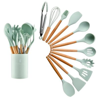 China Sustainable 11pcs Silicone Kitchen Utensil Set With Wooden Handle Gardget Cookware Tableware Sets Kitchen Accessories for sale