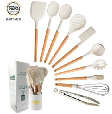 China Sustainable 10 Pcs Silicone Kitchen Utensil Set With Wooden Handle Gardget Cookware Tableware Sets Kitchen Accessories for sale