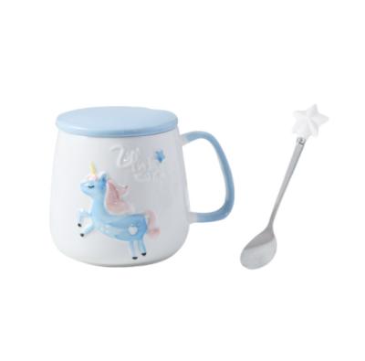 China Amazon Sustainable Hot Selling 3D Ceramic Emboss Unicorn Mug With Cover And Style Spoon Kid Gift Perfect Coffee Mug for sale