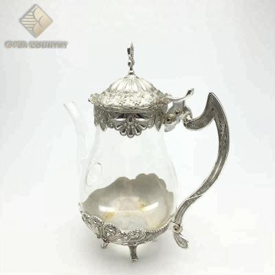 China Viable Hot Selling Turkish Silver Plated Glass Metal Drinkware Teapot Set for sale