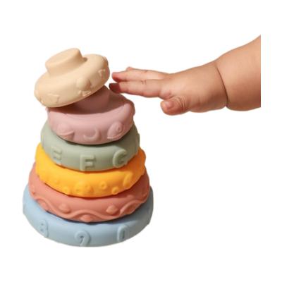 China Educational Toy Amazon Hot Baby Kids Toddler Learning Toy Silicone Stacker Toy Rainbow Stacking Rings Tower Game Blocks Sets for sale