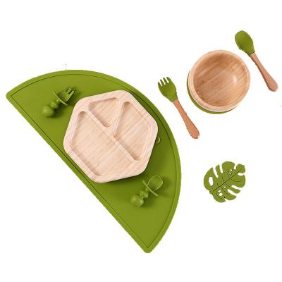 China BPA Free Newborn Baby Wooden Bamboo Suction Dish Feeding Bowl Set with Bib Fork and Spoon Silicone Kids Baby Tableware for sale