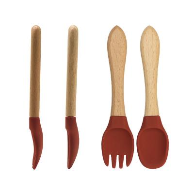 China Wholesale Kids Toddler Children's Eco-Friendly Bamboo Handle Practicing Feeding Spoons Mini Soft Silicone Baby Spoon Fork Set for sale