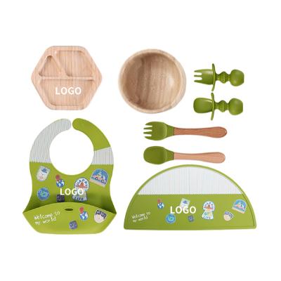 China BPA Free Newborn Baby Bamboo Feeding Set with Wooden Bib Spoon Silicone Dish with Suction for Kids Baby Tableware for sale