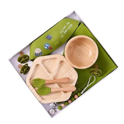 China BPA Free BPA Free Baby Teether Set Suction Dish Bamboo Feeding Bowl Set With Spoon And Fork Bib for sale