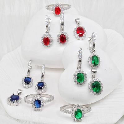 China Sterling Silver Earring Ring Set CLASSIC Gem Inlaid Red and Crystal Zircon Jewelry Set for sale