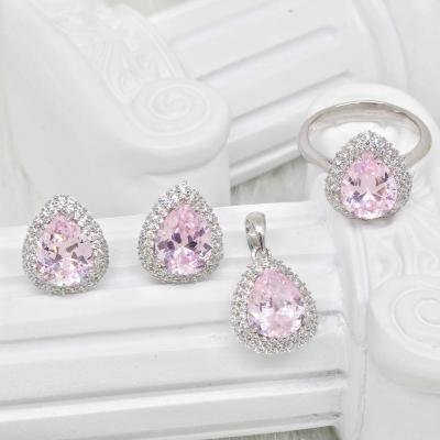 China Sterling Silver Earring Ring Set Cute Gem Inlaid Pink Crystal Zircon Jewelry Set for sale