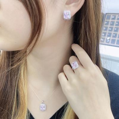 China European S925 Sterling and American Fashionable Silver Cute Dangling Earrings Ring Pink Gems Jewelry Sets for sale