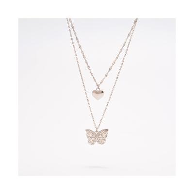 China Creative Peach TRENDY Heart Shaped Butterfly Pendant Necklace Exaggerated Simple Multi Layers Necklace for sale