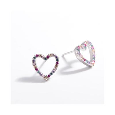 China Romantic Hot Selling 925 Sterling Silver Heart Shaped Stud Earrings With Colorful Diamonds for sale