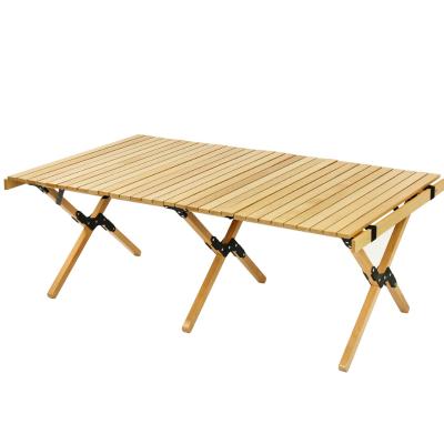 China Modern Hard Outdoor Egg Roll Table Solid Beech Wood Outside Portable Foldable Wood Picnic Dinner Table Furniture Supplier for sale