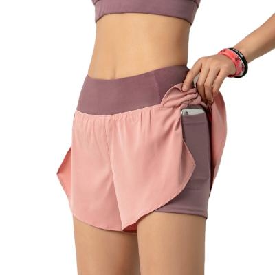 China Breathable Women 2 In 1 Gym Training Yoga Booty Flowy Running Shorts Custom Logo With Pocket for sale