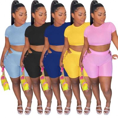 China 2021 Breathable Sexy Two Piece Bandage Shorts Pants Set Women Ribbed 2 Piece Biker Shorts Summer Outfits Sportswear Women Clothing for sale