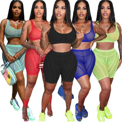 China Anti-pilling Hot Sale Mesh Shorts Set 2 Piece Summer Set Jogging Suits Ladies Tops And Shorts See Through Biker Shorts Teams Two Piece Set for sale