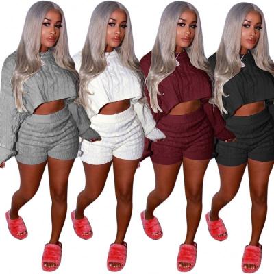 China New Arrival QUICK DRY Autumn Winter Short Sets 2 Piece Shorts Sets Solid Long Sleeve Women Sweater Two Piece Set for sale