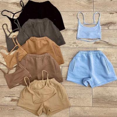 China Custom 2 Piece Camisole Anti-Wrinkle Hot Selling Crop Tank Top Women Cotton Short Set Women Sports Short Two Piece Backless Top Bra Set for sale