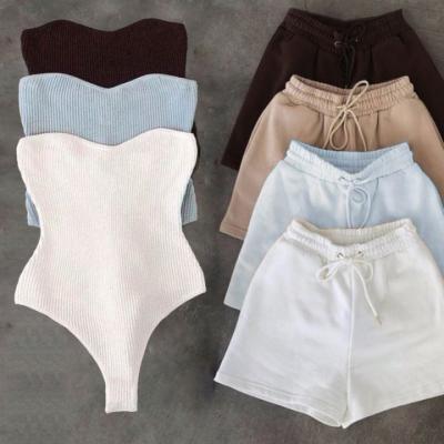 China Hot Selling Brown Custom Anti-wrinkle Tube Top Wetsuit Two Piece Shorts Set 2022 Equipments Women Ribbed Tube Suit 2 Piece Short Set for sale