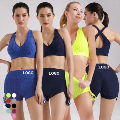 China 2022 Breathable Amazon Yoga Apparel Fitness Sports Suit Gather No Ring Steel Bra Underwear Jacquard Bubble Shorts Set Two Piece Set for sale