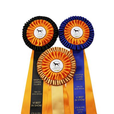 China Eco-friendly Three Layers Satin Ribbon Rosette Dog Pet Show Decoration Award Ribbon Rosette for sale