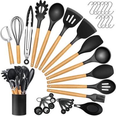 China Viable Silicone Cooking Tool Kit Wood Handle Kitchen Utensils Non-Toxic Heat Resistant BPA Free Kitchen Spatula Set for sale