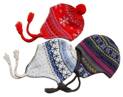 China COMMON Wholesale Knitted Warm Cute Knitted Beanie With String Pompom Earmuff Winter Hats for sale