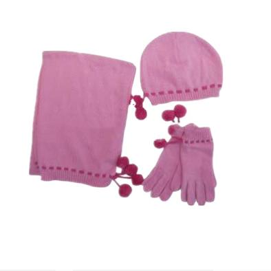 China Girls Winter Pink Medium Pom Pom Knitted Hat Scarf Gloves Set for sale