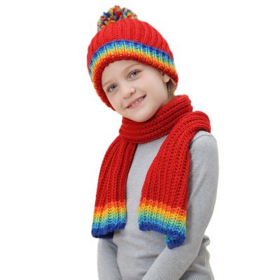 China New Style Short Winter Kids Warm Scarf Hat Set Rainbow 2 Pieces Pom Pom Hat Beanie Scarf Set For Kids for sale