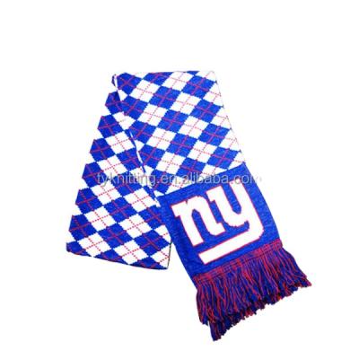 China Soft Smooth Diamond Pattern Check Neck Warm White Blue Fan Logo Custom Knitted Football Club Feeling Scarf Knit Winter Scarf for sale