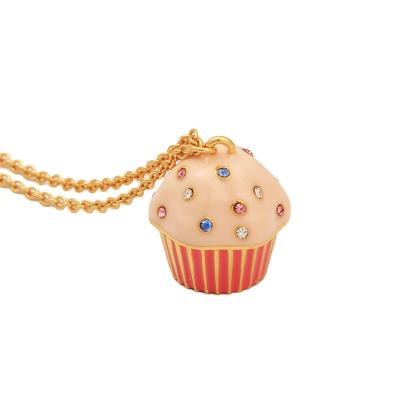 China Real Gold Color Enamel Diamond Cute Cake Pendant Long Copper Plating 18K Necklace for sale