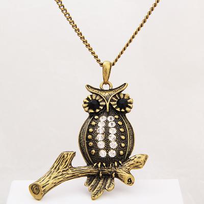 China Europe and America Vintage Gold and Silver Vintage Diamond Cute Owl Long Pendant Women's Necklace for sale