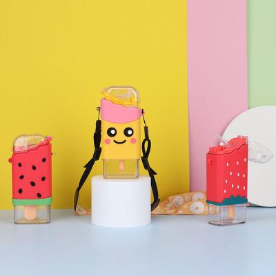 China 300ml Kids Ice Cream Cartoon Water Bottles Food Grade Sustainable Plastic Water Bottle With Straw for sale